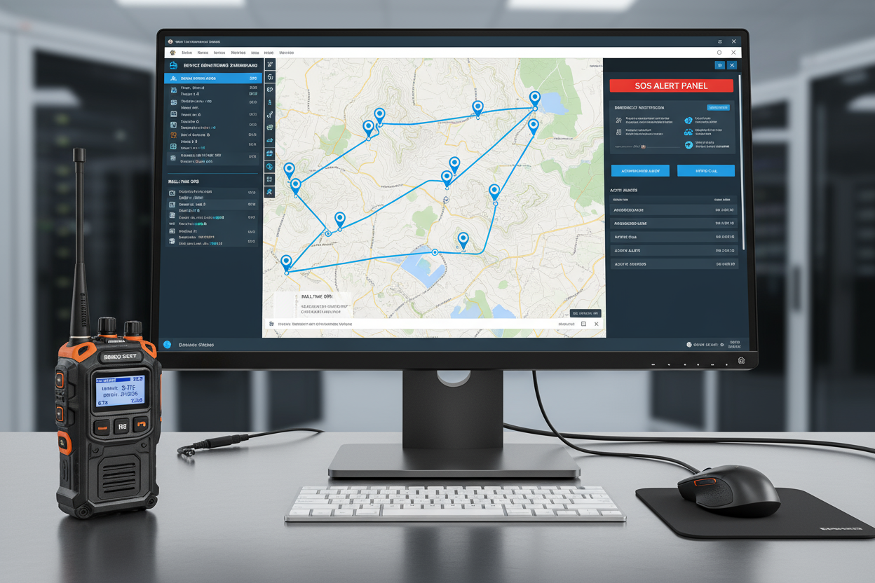 Show a computer or laptop that is tracking this Walkie talkie POC device to show it's GPS tracking and SOS features