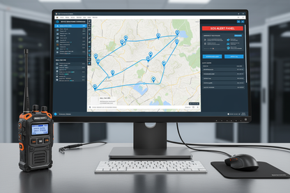 Show a computer or laptop that is tracking this Walkie talkie POC device to show it's GPS tracking and SOS features